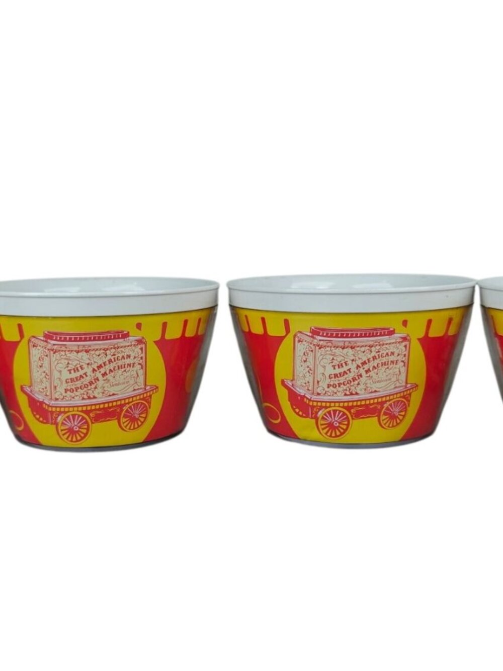Vintage Great American Popcorn Machine Plastic Popcorn Bowls 70s Red Yellow USA